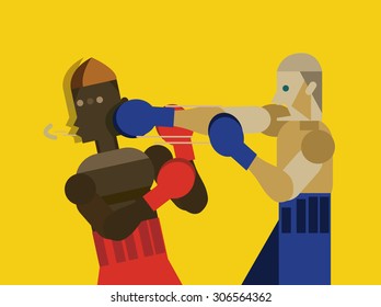 Two caucasian men exercising thai boxing. flat character design. vector illustration