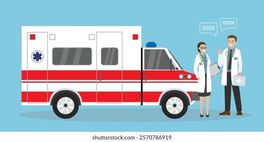 Two caucasian paramedics workers near ambulance car, modern emergency auto. Medical support, first aid. Healthcare concept. flat vector illustration