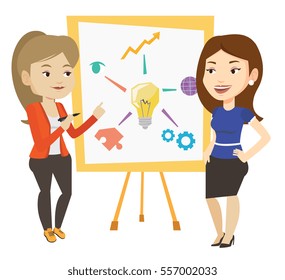Two caucasian students discussing a project. Group of young students working on a project. Female student drawing project on a board. Vector flat design illustration isolated on white background.