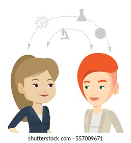 Two caucasian students sharing with the ideas during brainstorming. Young students brainstorming. Concept of brainstorming in education. Vector flat design illustration isolated on white background.