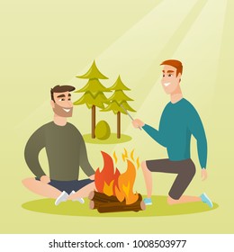 Two caucasian white happy friends sitting near bonfire in the camping. Young friends relaxing near bonfire in the forest. Concept of travel and tourism. Vector cartoon illustration. Square layout.