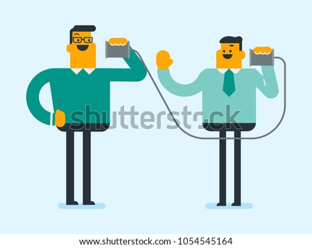 Two caucasian white men listen each other using tin can telephone and discussing confidential information. Friends have a talk through a tin can phone. Vector cartoon illustration. Horizontal layout.