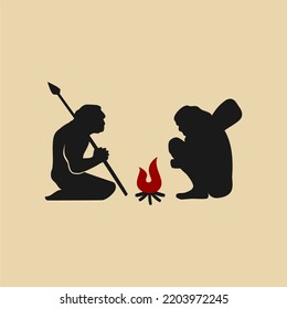 Two caveman silhouette in front of flame vector illustration