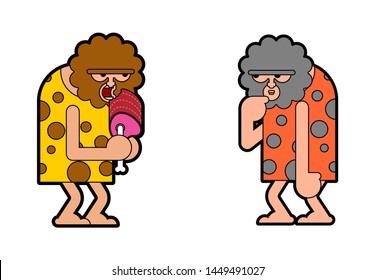 Two Caveman think and blunt. Prehistoric man expect. Ancient man think