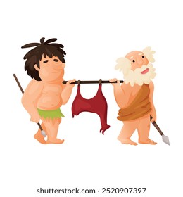 Dois homens das cavernas arrastando suas presas. Um idoso e um jovem Neandertal de pele carregam um animal em uma vara. Vetor bonitos personagens de desenhos animados sobre fundo branco