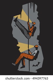 Two cavers in the cave. Stylized Illustration imitating lino cut. Vector