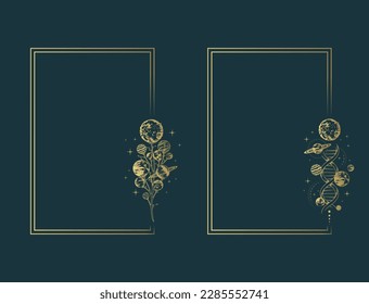 Two celestial rectangular frames with planets, stars, tree and dna. Golden borders on black background for witchcraft, greeting cards and invitations. Hand drawn vector illustration in boho style.