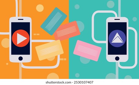 Two cell phones are shown with a lot of cards on them. The cards are of different colors and sizes. The phones are connected to a wire, and the cards are scattered all over the phones