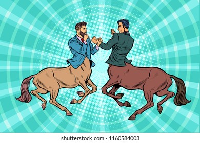 Two centaur businessmen fighting. Pop art retro vector illustration vintage kitsch