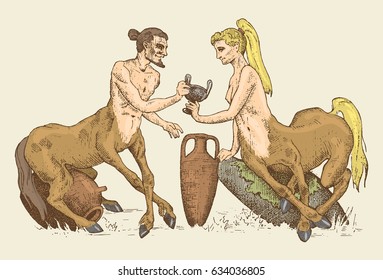 two Centaurus sharing wine illustration, hand drawn or engraved old looking fantastic, fairytale beasts half man with horse body, greek mythology