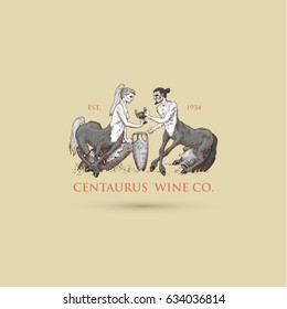 two Centaurus sharing wine logo illustration, hand drawn or engraved old looking fantastic, fairytale beasts half man with horse body, greek mythology