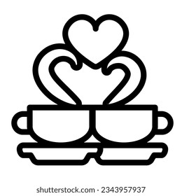 Two ceramic cup on saucer and steam with heart line icon, dating concept, coffee date vector sign on white background, outline style icon mobile concept web design. Vector graphics.