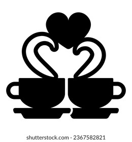 Two ceramic cup on saucer and steam with heart solid icon, dating concept, coffee date vector sign on white background, glyph style icon for mobile concept and web design. Vector graphics