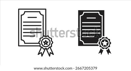 Two certificate icons, one black and one white, each with a star seal and ribbon, isolated on white.