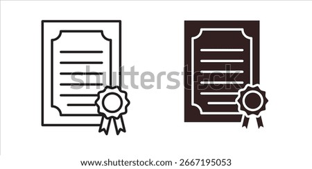 Two certificate icons: one line art, one solid. Both feature a seal and ribbon. Isolated on white.