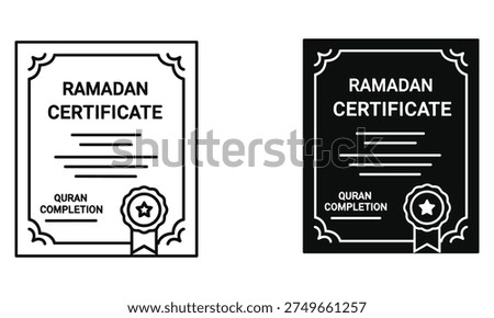 Two certificates for Ramadan Quran completion, one in line art and the other in silhouette. Features decorative borders, text, and a ribbon with a star emblem.