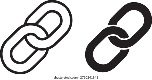 Zwei Kettengliedsymbole, eines umrissen und eines gefüllt, symbolisieren Verbindung, Sicherheit und Beziehungen. Einfache schwarz-weiße Vektorgrafik.