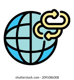 Two chain links and globe icon. Outline two chain links and globe vector icon color flat isolated