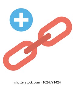 Two chains link union with plus sign, link building symbol flat icon