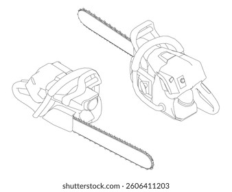 Two chainsaws are shown in a black and white drawing. The chainsaws are positioned next to each other, with one on the left and the other on the right. Concept of precision and attention to detail