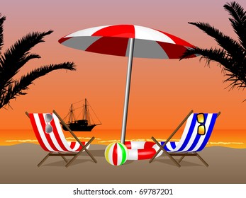 Two chair and umbrella on the beach at sunset