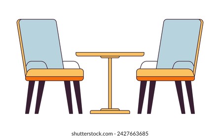Two chairs around table 2D linear cartoon object. Cafeteria armchairs isolated line vector element white background. Patio cafe interior furniture lounge sitting color flat spot illustration