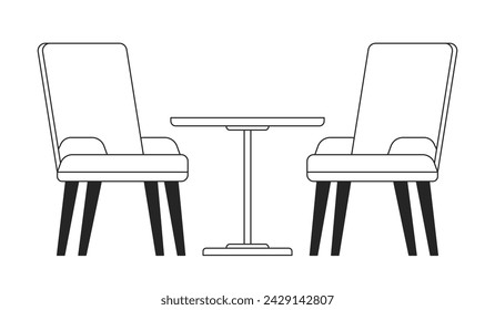 Two chairs around table black and white 2D line cartoon object. Cafeteria armchairs isolated vector outline item. Patio cafe interior furniture lounge sitting monochromatic flat spot illustration