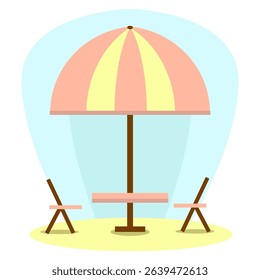 Two chairs and a beach umbrella stand on the sand by the sea on a sunny day