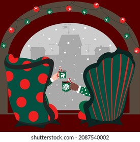 Two chairs by the window. Coffee mugs, lollipops in your hands. Romantic date of women in love.Fabric interior of the room, panoramic window, winter old town. European houses, architectural monuments.