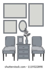 Two chairs, chest and empty frames on the wall. Vector clip art.