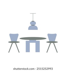 Two chairs, coffee table, chandelier. Living room interior. Vector bicolor icon in flat style on a white background.