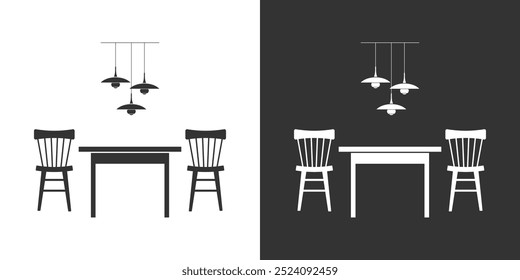 Two chairs, dining table and chandelier. Interior flat icon. Black on a white version.