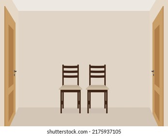 Dos sillas en una habitación vacía con dos puertas