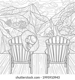 
Two chairs and mountains. Scenery.Coloring book antistress for children and adults. Illustration isolated on white background.Zen-tangle style. Hand draw