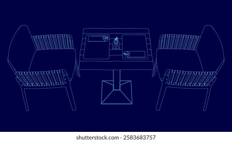 Two chairs and a table, all of which are blue. The chairs are positioned in front of the table, which is also blue. The chairs and table are arranged in a way that creates a sense of balance