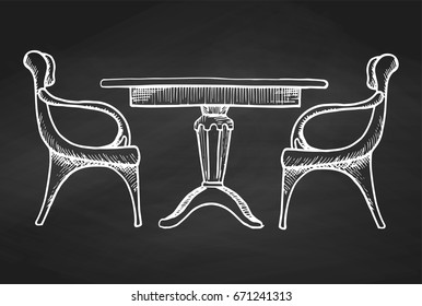 Two chairs and a table.  Hand drawn chalk on a chalkboard.Vector illustration in a sketch style.