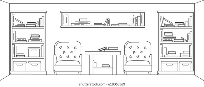 Two chairs, table, many of books, reading room. Vector illustration
