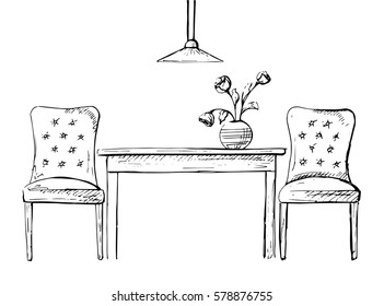 Two chairs and a table. Vector illustration in a sketch style.