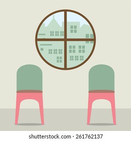 Two Chairs Under Round Window Vector Illustration