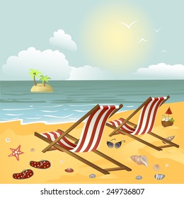 Two chaise longue on the beach.Vector illustration