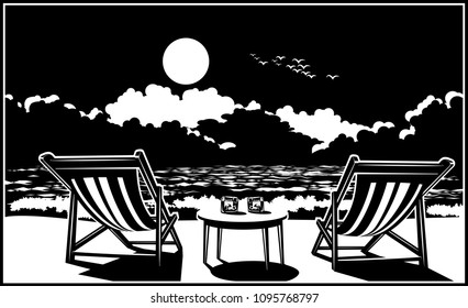Two chaise lounges, glasses of whiskey on the seashore and the beautiful sea view