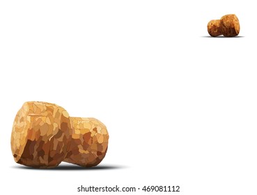 two champagne cork lie on diagonal white