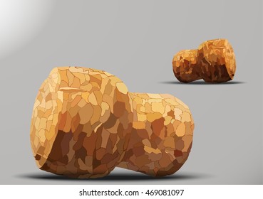 Two champagne corks lying on a gray background