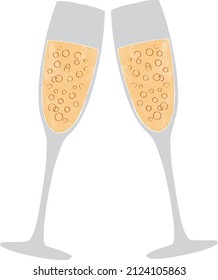 Two Champagne Flute Glasses Clinking In Cheers. Champagne Flutes Bubbling. Champagne Celebration For Wedding, Christmas, New Years. Isolated Watercolor Vector Illustration Drawing On White Background