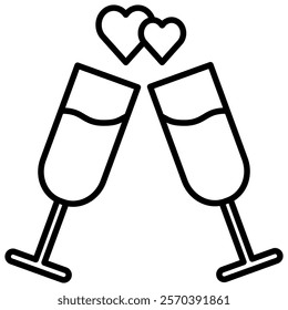 Two champagne flutes clinking with hearts above them, symbolizing a romantic toast. Line art icon illustration. Perfect for Valentine's Day, romantic themes, and correspondence-related designs.