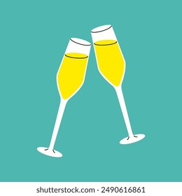 Two champagne flutes filled with yellow liquid clink together in a toast.