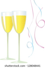 Two champagne flutes and some pink and blue falling streamers.