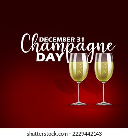 Zwei Champagner-Gläser mit kühlem Text auf dunkelrotem Hintergrund zum Champagner-Tag am 31. Dezember