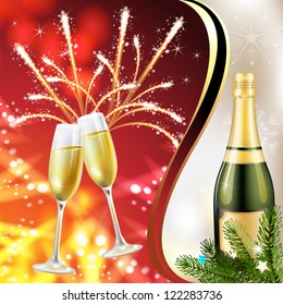 Two champagne glasses and bottle of champagne