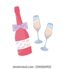 Two champagne glasses with champagne bottle. Valentine's Day, Romance, Love concept. Isolated Illustration for poster, banner, advertising, invitation, cover. EPS 10